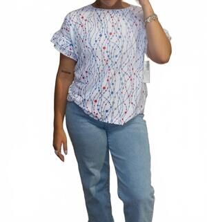 NEW MULTIPLES dotted flounce sleeve top in red white blue